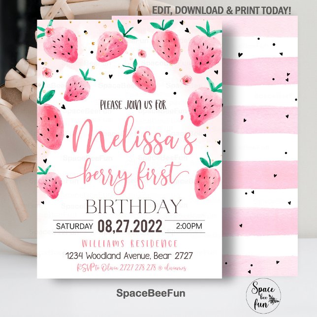 Berry First Birthday Convite Strawberry Birthda (Strawberry invite,First Birthday,Evite Electronic,Text Message,modern Berry,1st girl,Strawberry Part)