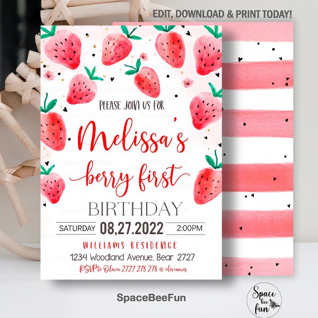 Berry First Birthday Convite Strawberry Birthda (Strawberry invite,First Birthday,Evite Electronic,Text Message,modern Berry,1st girl,Strawberry Part)