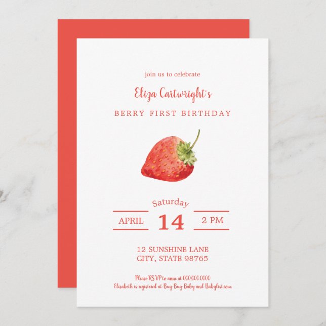 Berry First Birthday Simple Strawberry Convite (Frente/Verso)