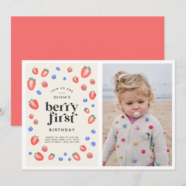 Berry First Birthday Strawberry Birthday Convite (Frente/Verso)