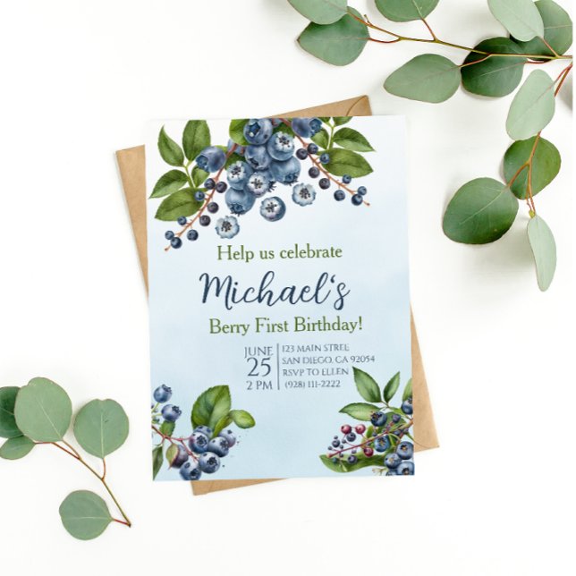 Berry First blueberry verão Convite de aniversário (Criador carregado)