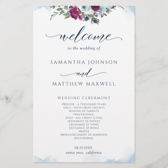 Berry Floral Elegante, Casamento Azul e Borgonha (Frente)