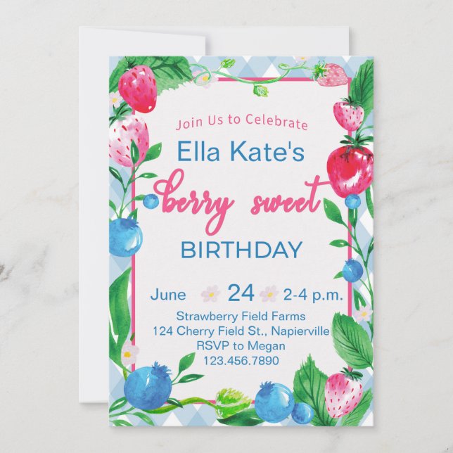 Berry Sweet Birthday Convite Strawberry Gingham (Frente)