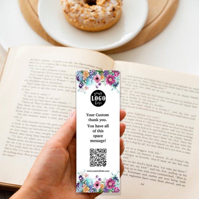 Berry Sweet Blueberry & Flowers Cartão de Indicado (Berry Sweet Blueberry & Flowers #floralbookmark #flowersbookmark #qrcode #addlogo #pinkandturquoise)