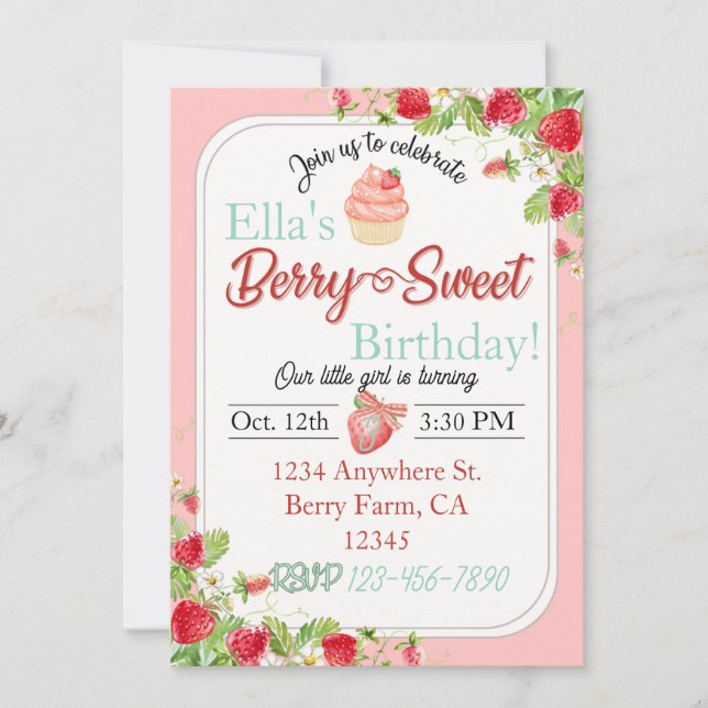 Berry Sweet, Strawberry Theme Birthday Convite (Frente)