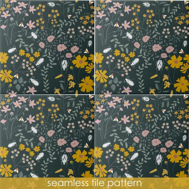 Besouros Florais De Mostarda E Flores Boêmicas (Mustard Floral Beetles & Bees Bohemian Wildflowers Ceramic Tile)
