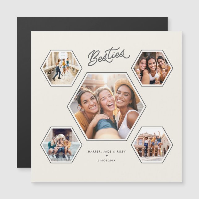 Besties 5 Photo Custom Collage Script Magnet (Frente/Verso)