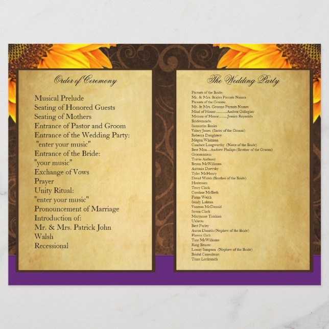 Bi Fold Purple Sunflower Ceremony Programs (Frente)