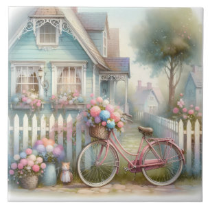 Bicicleta de Flor Rosa no Portão da Casa Azul