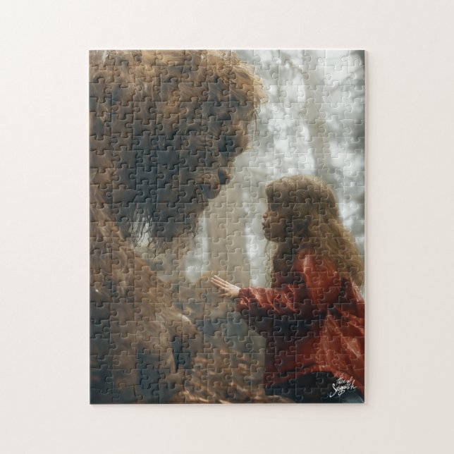 Bigfoot se ajoelhando ouvindo um Quebra-cabeça inf (Vertical)