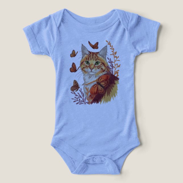 Bigodes & Asas – Gato com Borboletas Monarca (Design frontal)