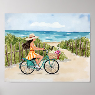 Bike By the Beach Watercolor Art Impressão