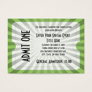 Bilhete branco/verde do evento, tamanho do cartão