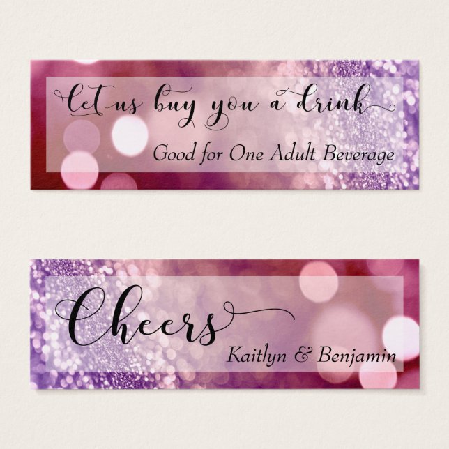 Bilhete de Bebida Mini Script Bokeh Ombre Roxo Ver (Frente & Verso)