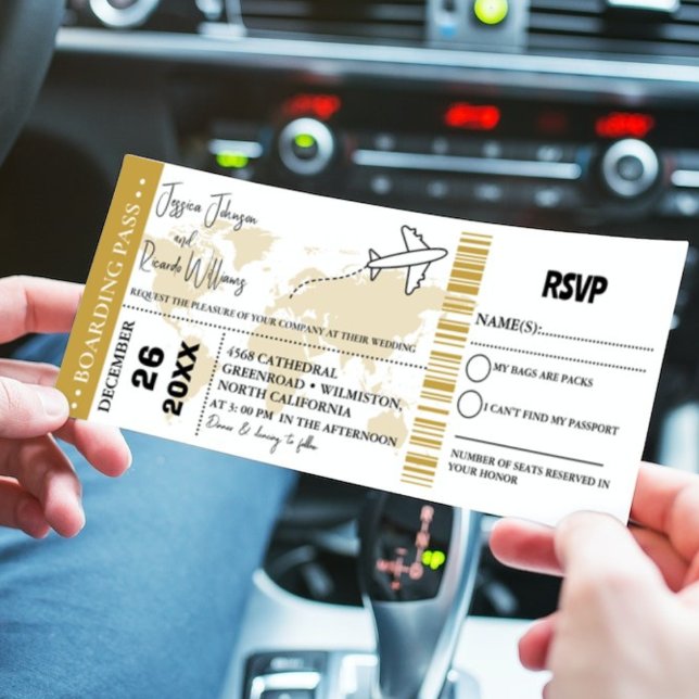 Bilhete de passagem de convite Dourado para embarq (Criador carregado)