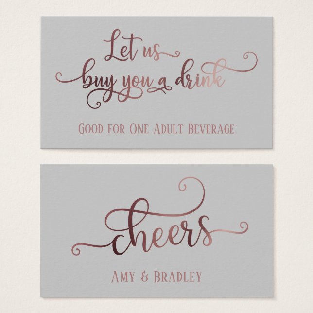 Bilhetes de Bebida | Rose Gold Script & Cinza Edit (Frente & Verso)