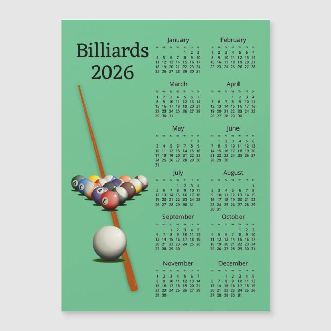 Billiards Pool 2026 Calendar Magnetic Card (Frente)