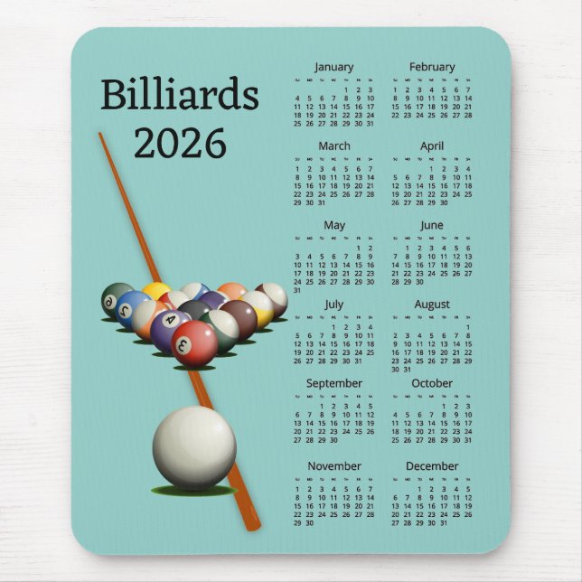 Billiards Pool 2026 Calendário Mousepad (Frente)