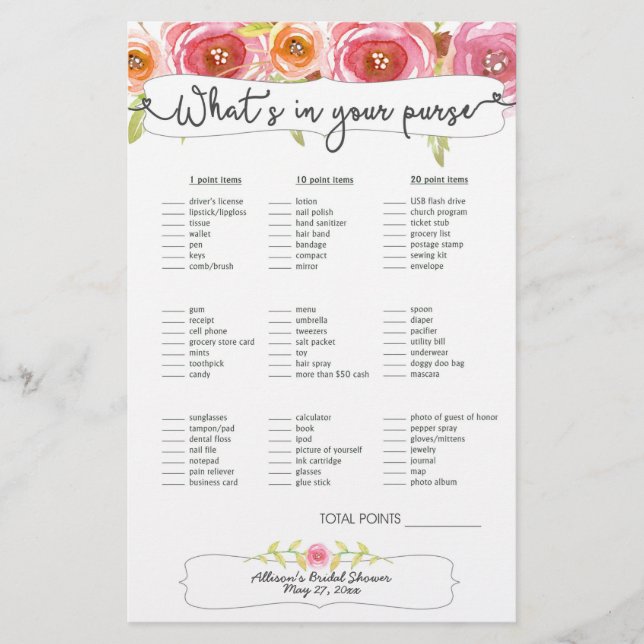 Bingo de bolsa dos Jogos chás de panela, floral ro (Frente)