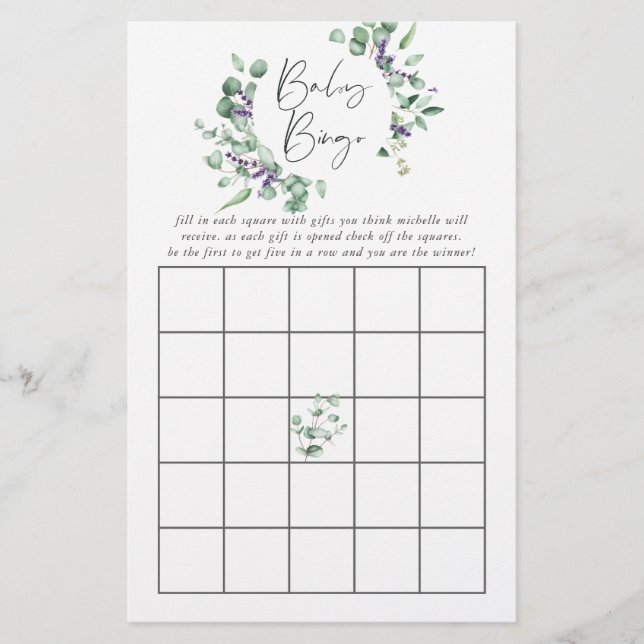 Bingo de Chá de Bebê com Eucalipto Lavanda (Frente)