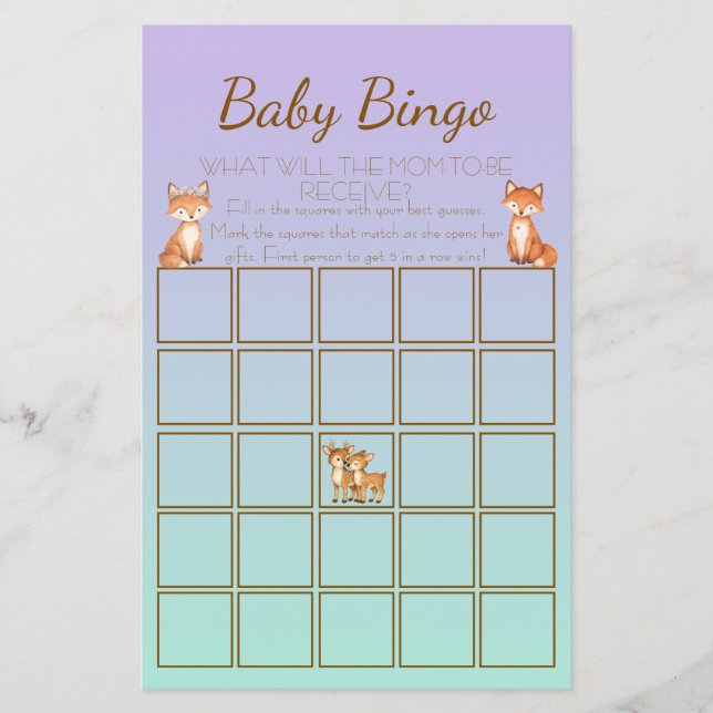 Bingo de Chá de Bebê de Animais da Floresta Roxo e (Frente)