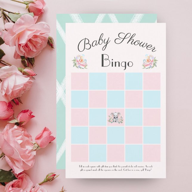 Bingo de Chá de Bebê Elefante Bebê Peônias e Balõe (Criador carregado)