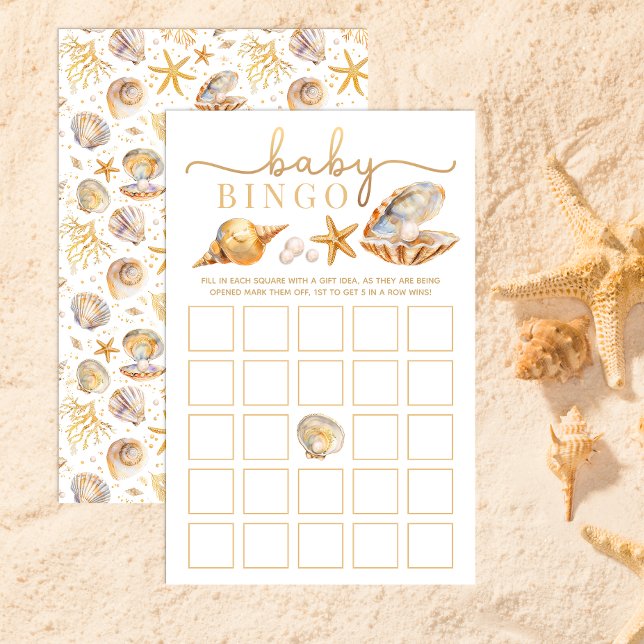 Bingo de Chá de Bebê Pérola Pequena Oceano Aquarel (Baby Bingo Game Card)