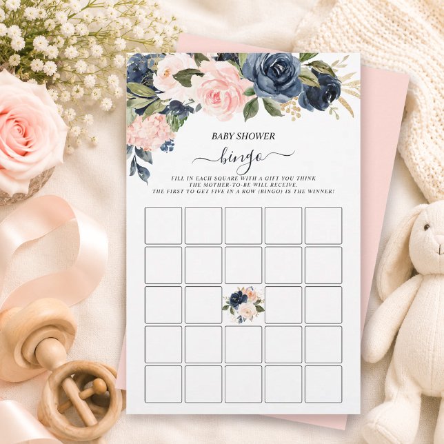 Bingo de Chá de Bebê Rosa Azul Floral em Cascata J (Baby Shower Bingo Pink Navy Cascading Floral Game)