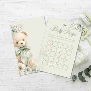 Bingo de Chá de Bebê Verde Salvia Urso de Pelúcia