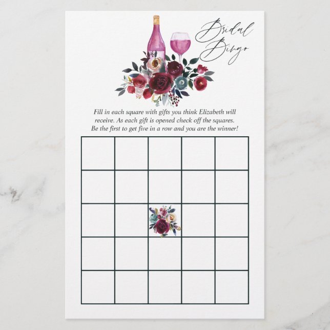 Bingo de Chá de Noiva de Degustação de Vinho Borgo (Frente)