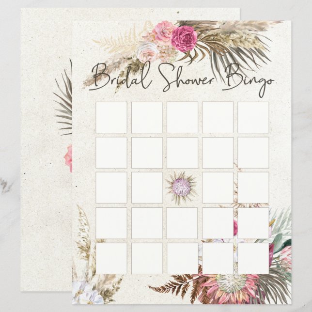 Bingo de Chá de Noiva Floral Boho Pastel Neutro (Frente/Verso)