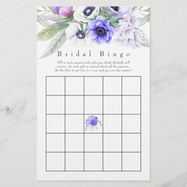 Bingo de Chás de Noiva Floral Violeta Pastel (Frente)