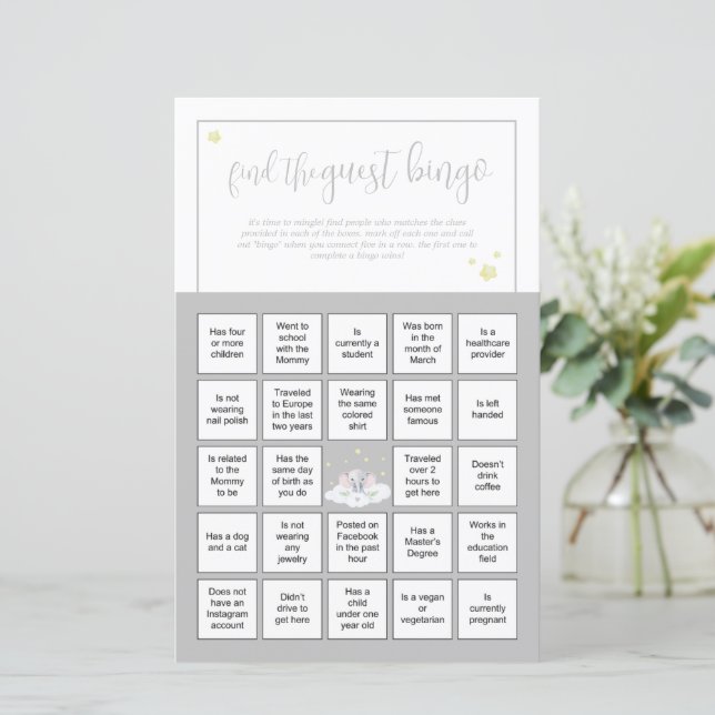 Bingo de Convidado do Jogo de Chá de fraldas Elefa (Em pé/Frente)