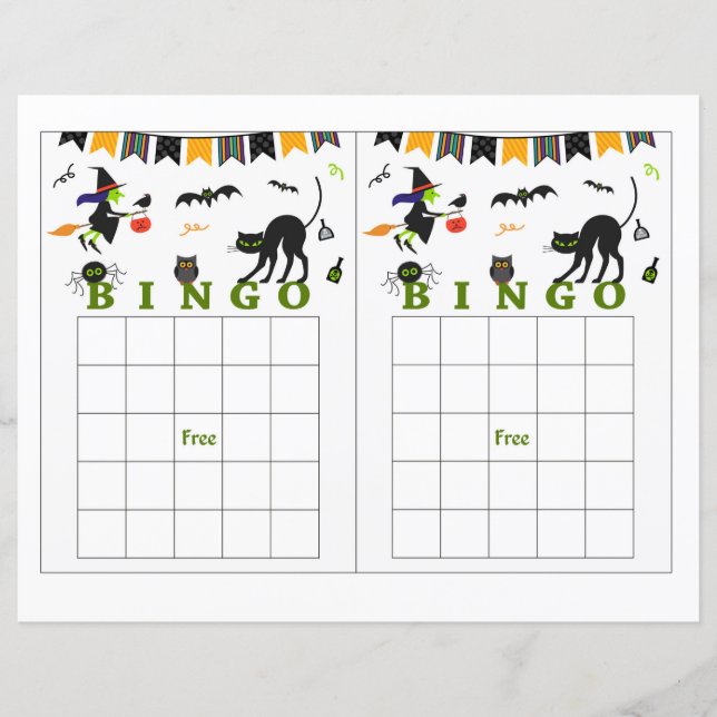 Bingo de Halloween, bruxa de halloween, morcego (Frente)