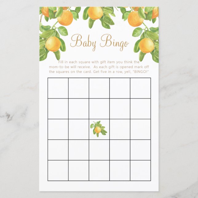 Bingo Divertido para Chá de Bebê Flor de Laranjeir (Frente)