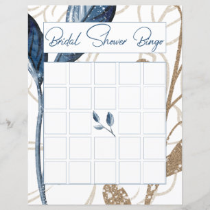 Bingo Nupcial Floral Moderno Azul Dourado Elegante