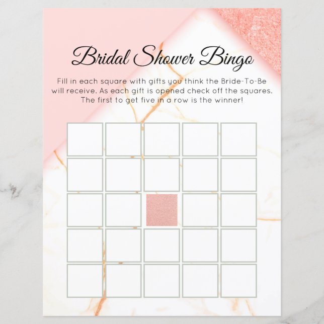 Bingo Nupcial Rosa e Dourado de Mármore Moderno (Frente)