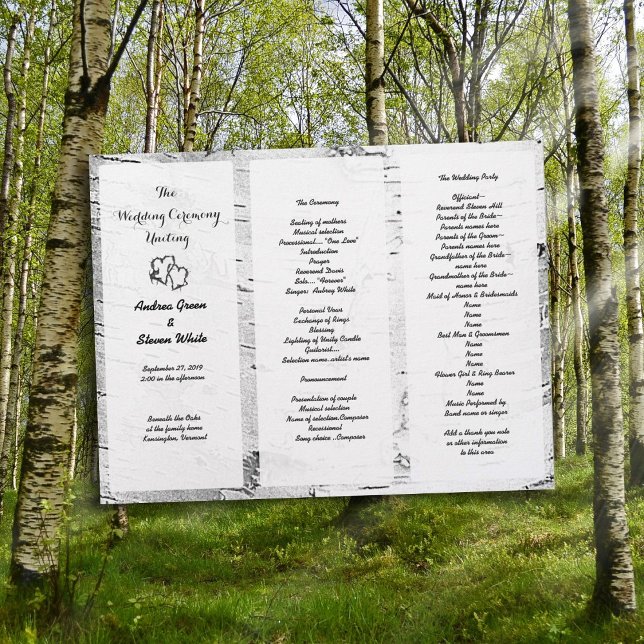 Birch Carved Hearts Wedding Tri-Fold Program (Criador carregado)