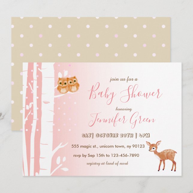 Birch Tree Owl Deer Baby Shower Convites (Frente/Verso)