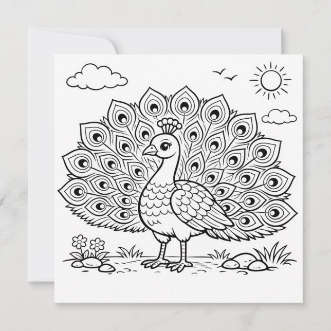 Bird Coloring Page Peacock Flat Card (Frente)