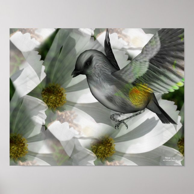 Bird On White Cosmos Fantasy Art Poster (Frente)