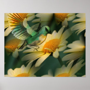 Bird On Yellow Daisies Fantasy Art Poster