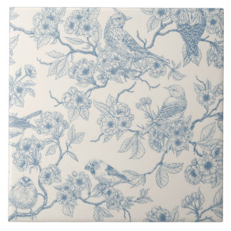 Birds and cherry blossom in blue and off white
