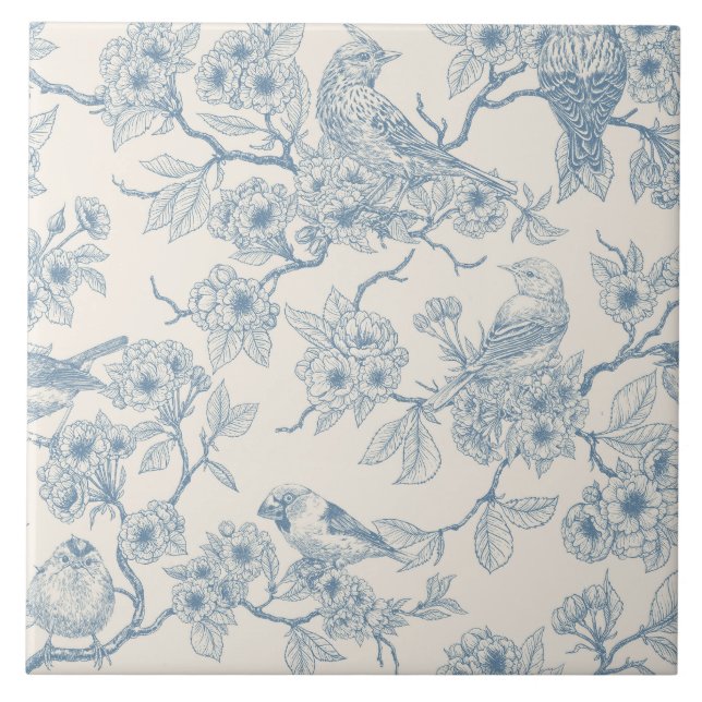 Birds and cherry blossom in blue and off white (Frente)