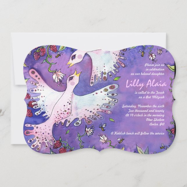 Birds & Bees Watercolor Bat Mitzvah Convite (Frente)
