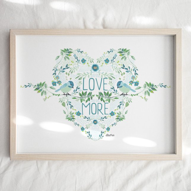 Birds Cote Art Impressão (Birds Quote Art Print in blues and greens. Chickadees, heart, and flowers. Studio Posies.)