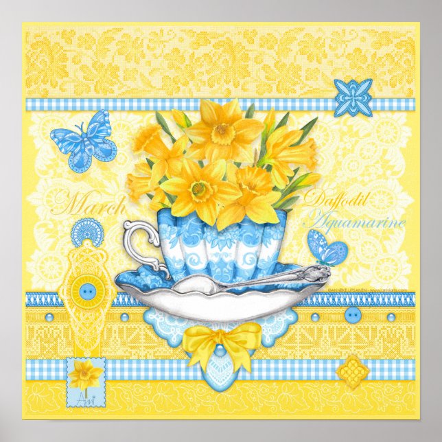Birth Flower e Gem March Teacup Poster (Frente)