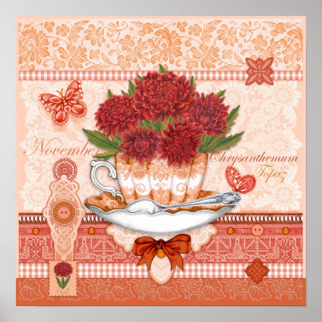 Birth Flower e Gem Novembro Teacup Poster (Frente)