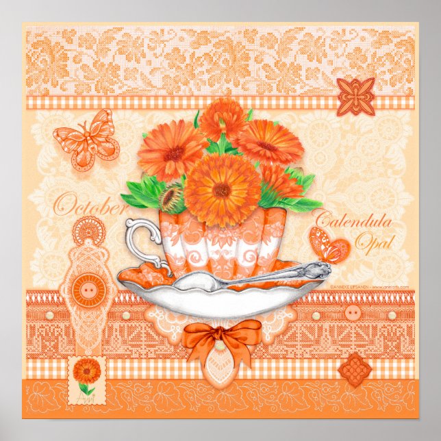 Birth Flower e Gem Outubro Teacup Poster (Frente)