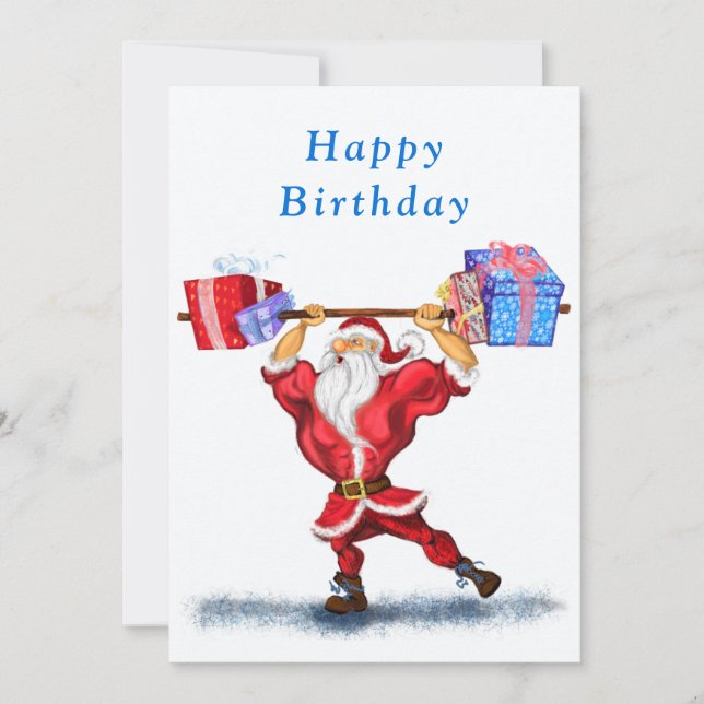 Birthday Card Bodybuilder Santa with Gifts (Frente)